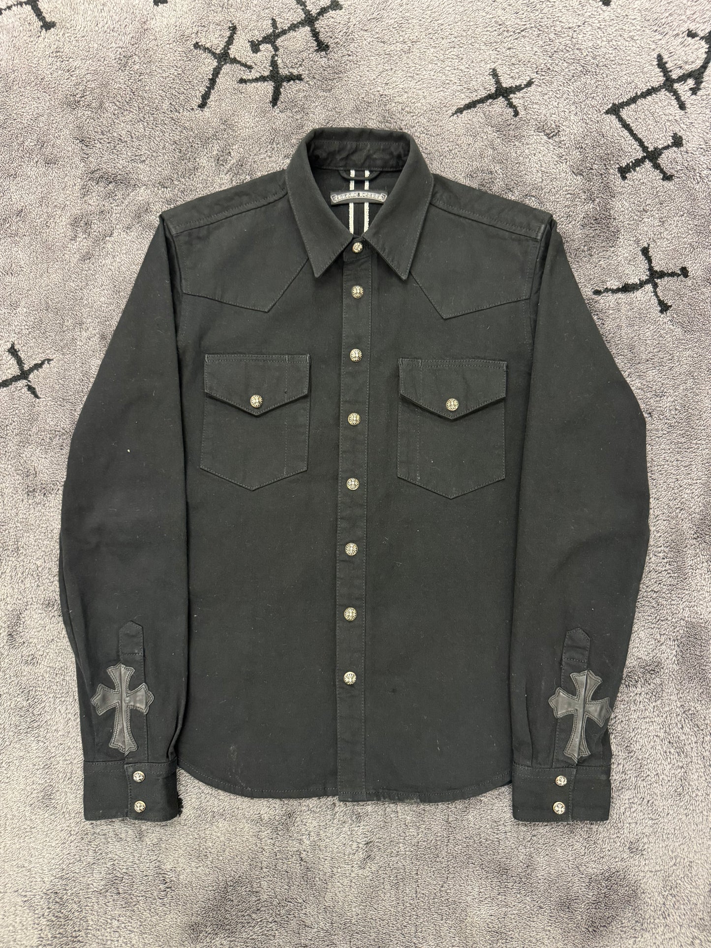 Chrome Hearts Leather Cross Patch Denim Western Shirt
