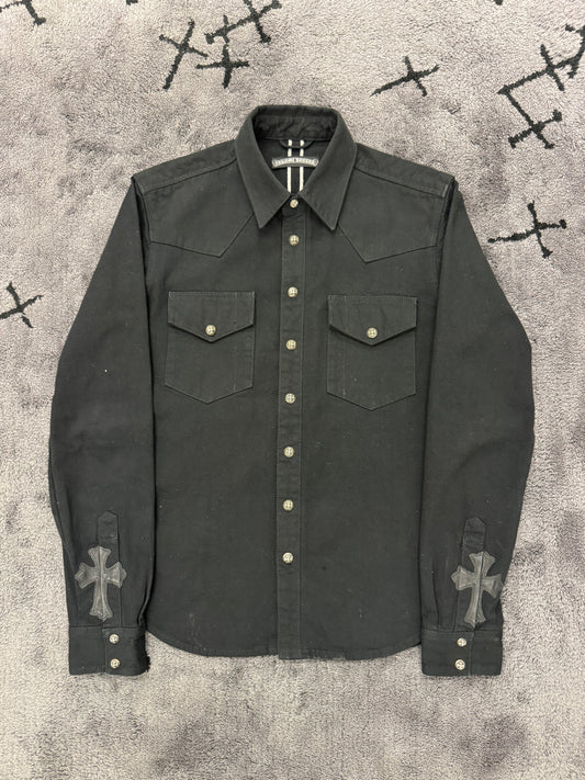 Chrome Hearts Leather Cross Patch Denim Western Shirt